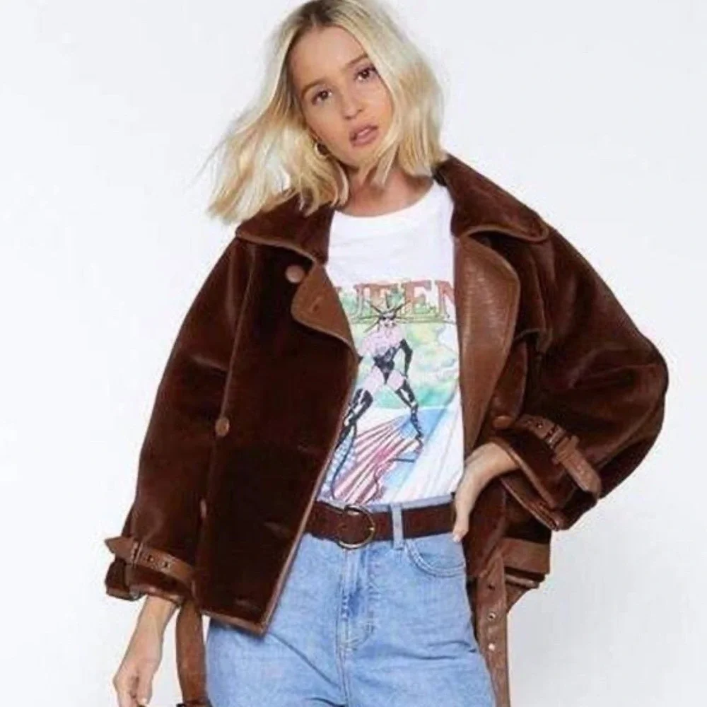 Nasty Gal Motorcycle Jacket 6 Chocolate‎ Brown Teddy Oversized Cropped Faux Fur